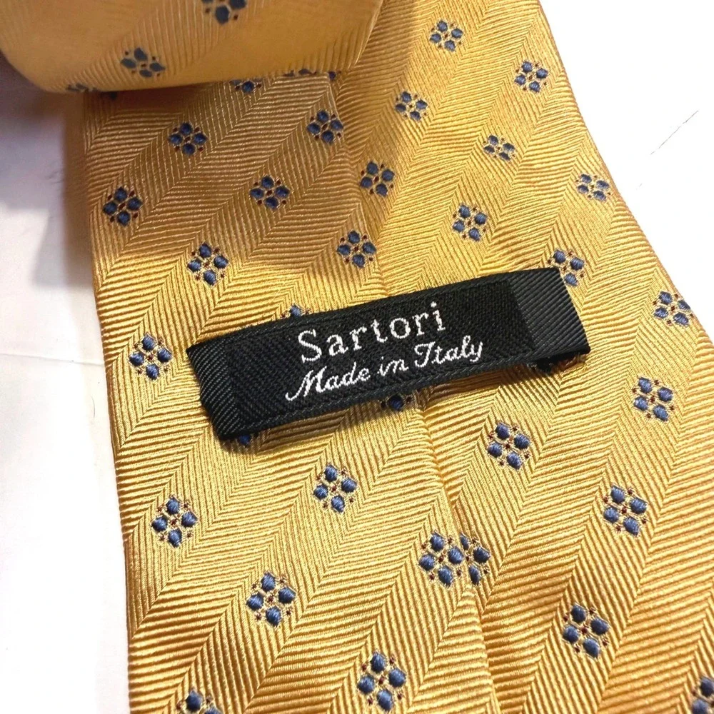 Sartori Made in Italy Gold Silk Herringbone Geometric Floral Mens Tie